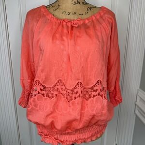 V Cristina Coral Embroidered Peasant‎ Blouse Top Women's Size S EUC
